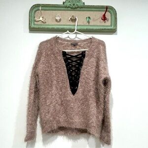 Express fuzzy grey black velvet lace front pullover sweater women’s small